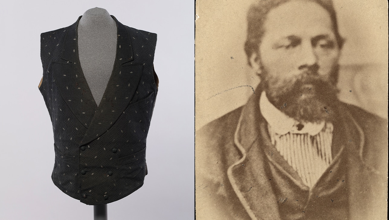 On the left there is a black, double-breasted vest with little embroidered diamonds speckled across the fabric. On the right, there is a mid-length tintype/carte-de-visite portrait of Randolph Burr.