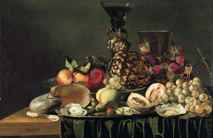 Carstian Luyckx, Still Life with Gilt Cup, Glass Holder, Silver Beaker, Nautilus Shell, Fruit and Oysters Arranged on a Draped Ledge, around 1650, oil on copper. Agnes Etherington Art Centre. Gift of Isabel Bader, 2021
