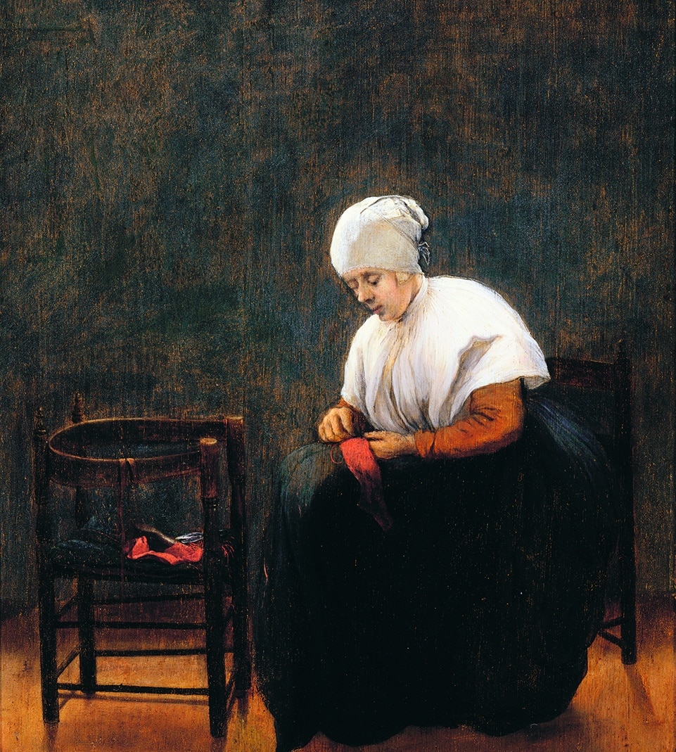 Jacobus Vrel, A Woman Darning a Stocking, around 1654, oil on panel. Agnes Etherington Art Centre. Gift of Isabel Bader, 2021