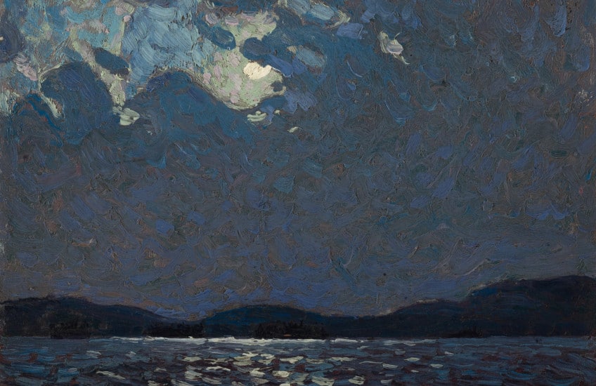 Tom Thomson, Moonlight Over Canoe Lake, 1916, oil on wood. Art Gallery of Hamilton. Gift of Roy G. Cole, 1992 (1992.22.1). On view in Tom Thomson? The Art of Authentication.