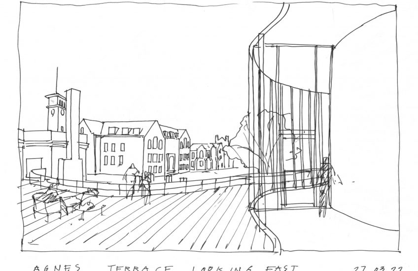 Bruce Kuwabara, Sketch for Agnes Reimagined, Agnes Terrace Looking East, 27 March 2022. Courtesy of KPMB Architects