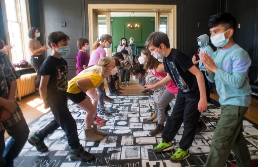 Students from Central Public School on a school field trip to Agnes get to play and dance in Etherington House, an extension of the exhibition a guest + a host = a ghost.