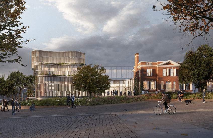 A digital rendering of a university campus showing a historic red brick building and a modern glass extension to its left.
