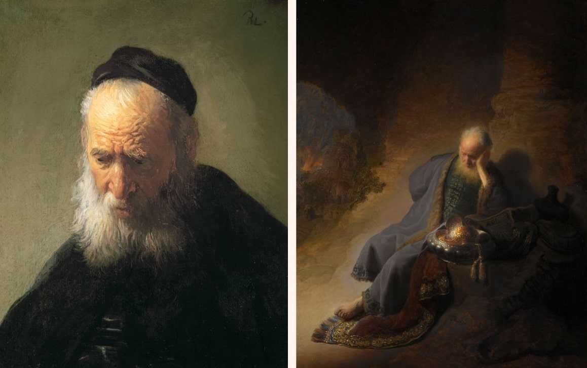 Two paintings of a similar old man with a white beard by Rembrandt.