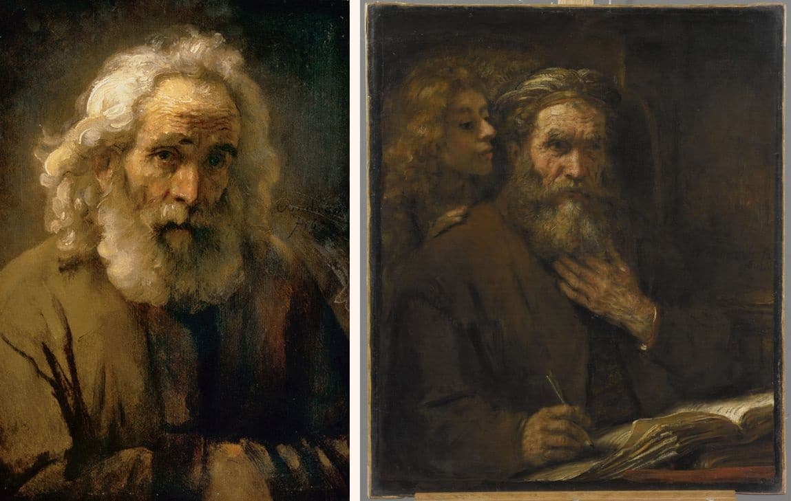 Two paintings of a similar man with curly white hair by Rembrandt.