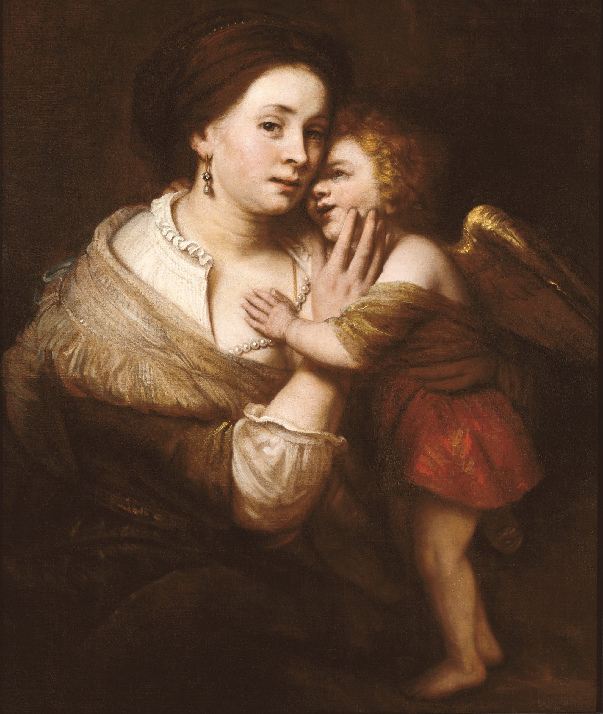 A woman wearing silk gown is seated while holding a winged child whose head rests against her cheek and hand on her chest.