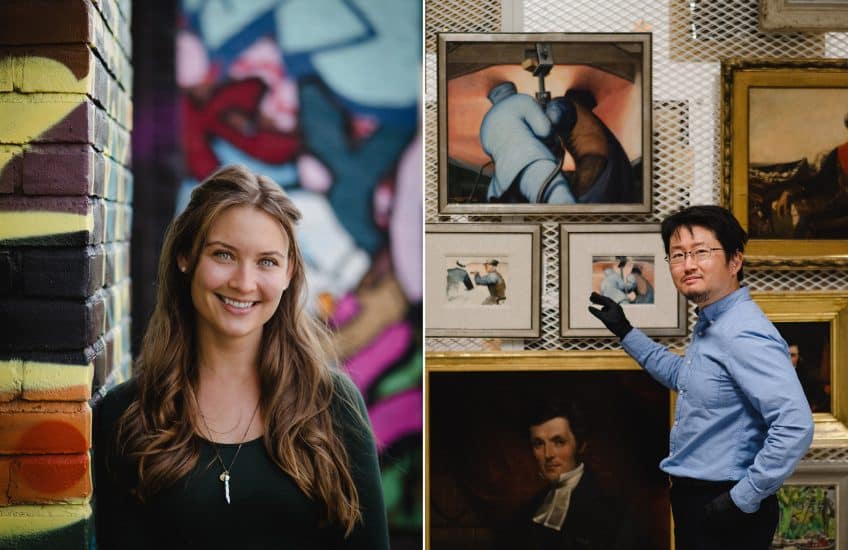 Portrait of Erin Messier. A woman with long hair and a big smile looks directly into the camera./ Portrait of Mitsuyoshi Yabe. A man with short black hair stands pointing at a rack of artwork, his face toward the camera.