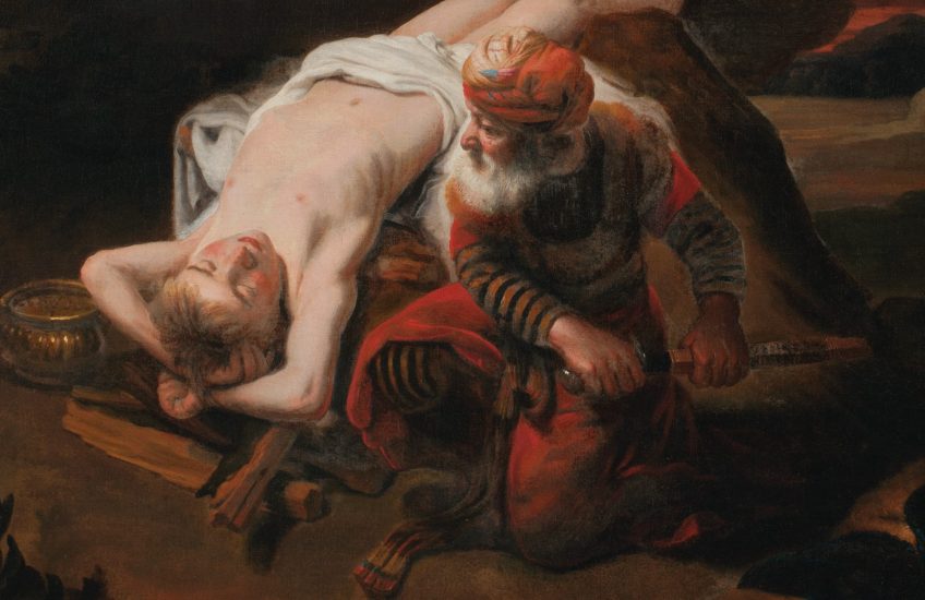 Isaac is depicted as a nude young man, bound to rock and wood on the ground. Abraham kneels beside him, wearing a scarlet robe and drawing his knife.