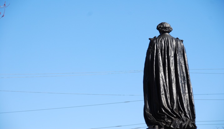 The back of the Sir John A Macdonald sculpture in Kingston.