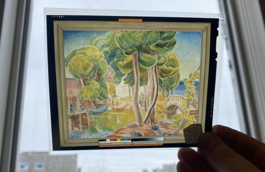 Looking at a colour transparency of an André Biéler painting.