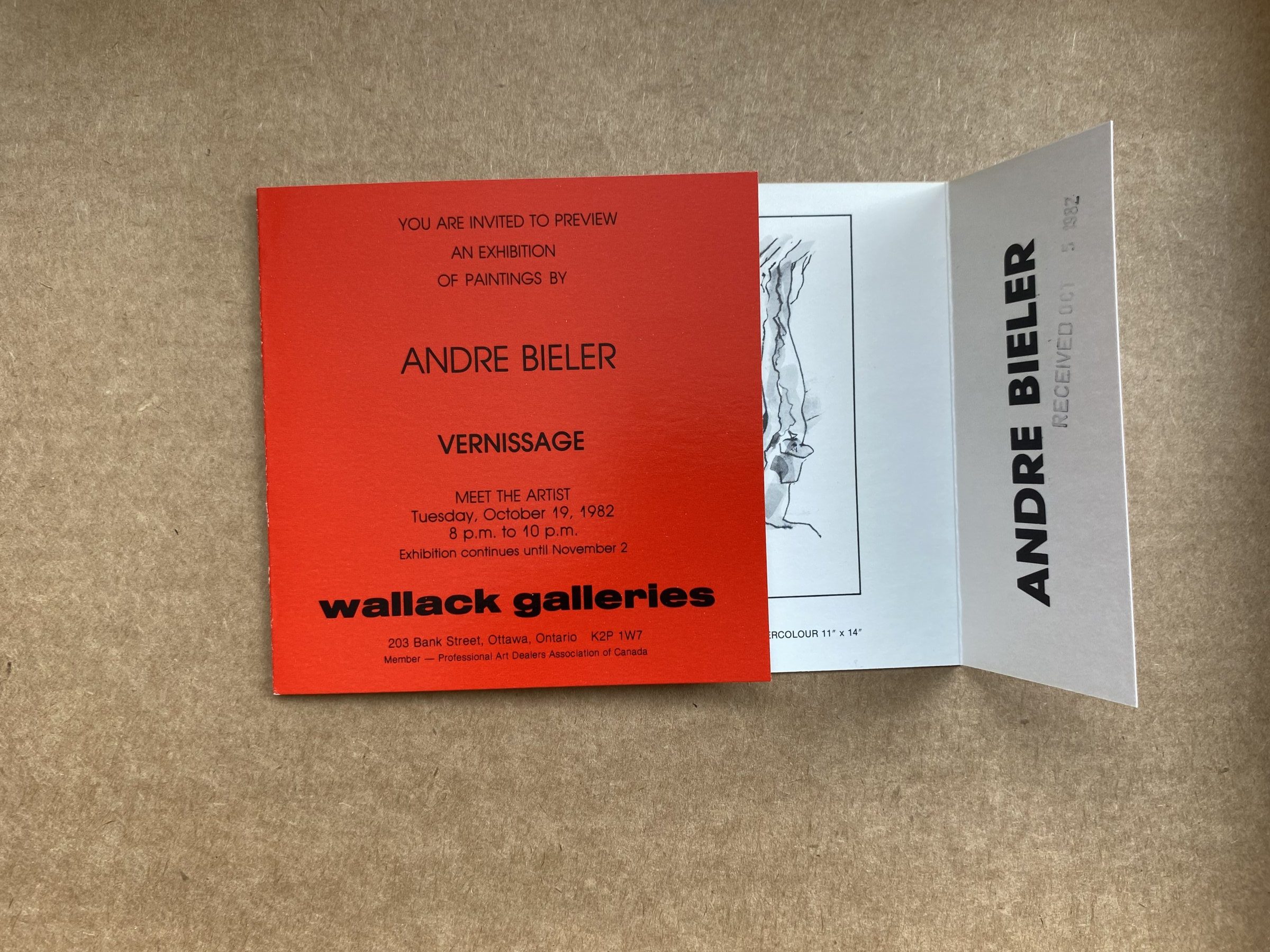Invitation to the preview of an André Biéler exhibition at Wallack Galleries, Ottawa.