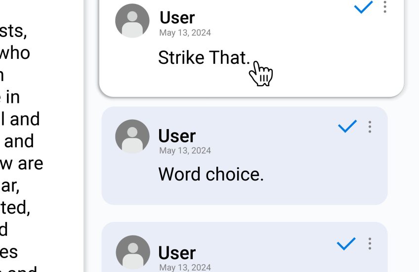 A graphic showing editing of a document. The user has made three edits to a hidden document. They say: "Strike That," "Word Choice," "We don't say that anymore."