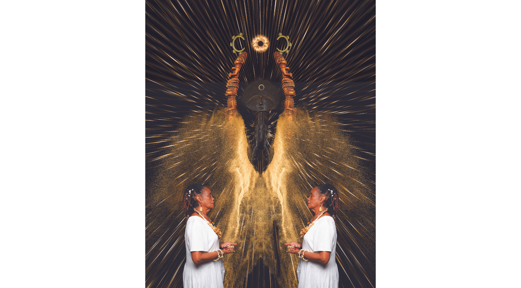 A digital art mural comprised of images of African art and artist Winsom Winsom.