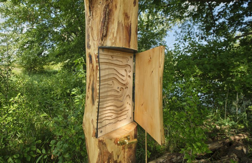 Tree log with hinged door carved into it. Behind the door is a grooved pattern.