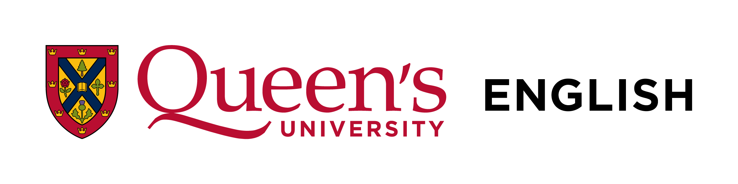 A logo is made up of the Queen's crest which is a red shield with a blue cross on it and the words Queen's university English