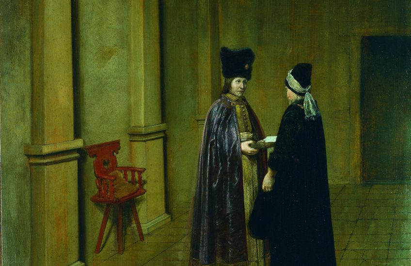 oil painting depicting two figures standing in a room speaking to one another. They're wearing